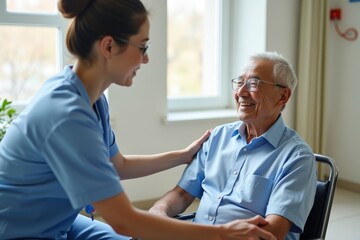 Obraz premium A Young Nurse Providing Supportive Care to an Asian Senior Man in Rehabilitation