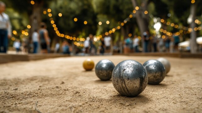 Petanque metal balls lying on sand court with blurred people playing and string lights decorating background