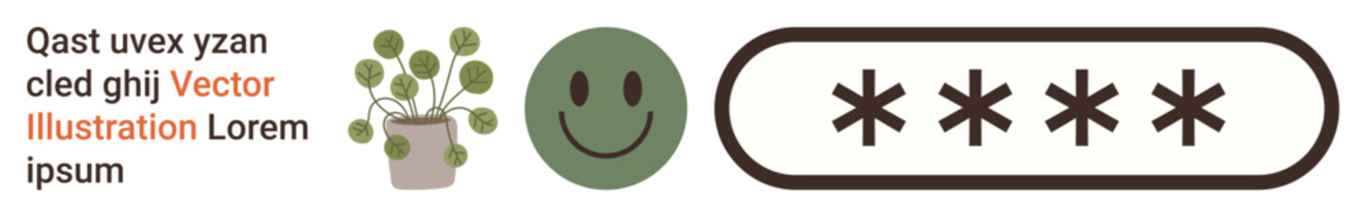 Fototapeta premium Digital security, eco-conscious design, positivity, password protection, online safety, plant care. A green happy face, a potted plant and a password field with asterisks. Online safety