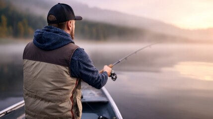 Obraz premium Man fishing from boat on a misty lake at sunrise, enjoying morning tranquility and nature's calm