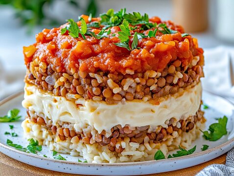 Egyptian kushari dish layered with lentils, rice, and tomato sauce garnished with fresh herbs on a white plate, showcasing vibrant colors and textures