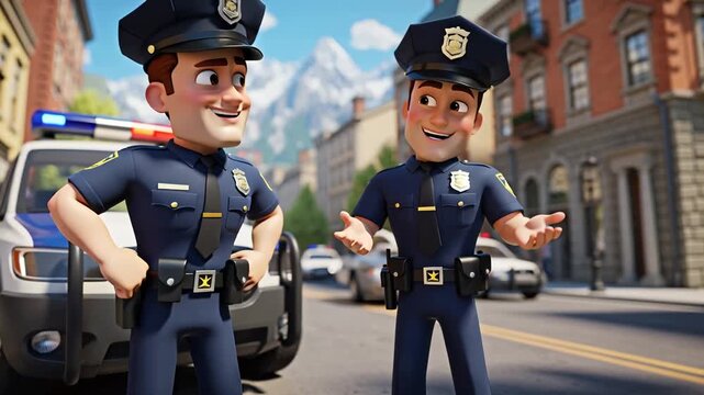 A cartoon police officer near a police car talking in the city, 3D animation