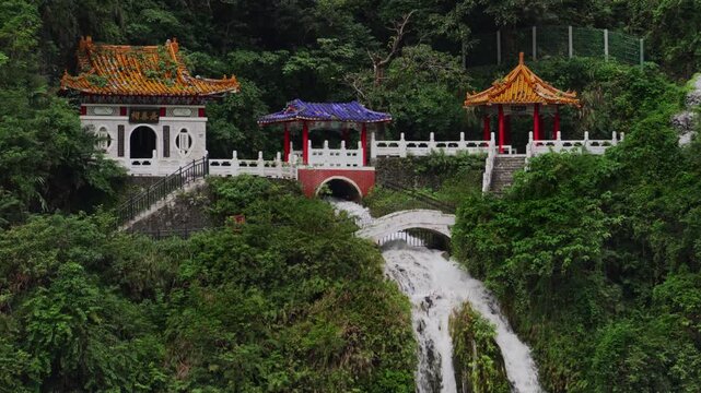 Authentic view of Changchun Temple and Eternal Spring Shrine with Waterfall at Taroko Gorge National Park in Taiwan