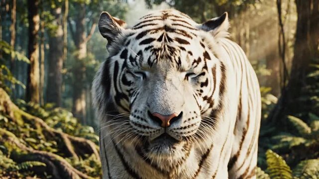 White tiger walks through a green forest with sunlight shining through the trees and leaves