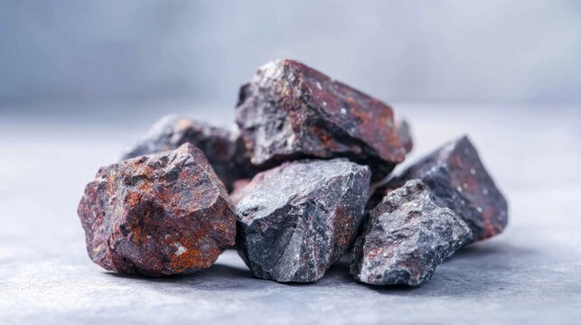 Iron ore rocks showing metallic sheen and reddish tones, essential raw material for metallurgy and industrial processes