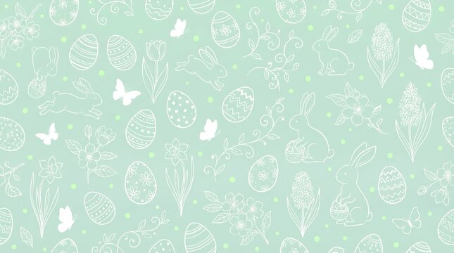A light green background with white illustrations of plants and butterflies