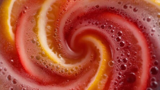 Abstract swirling vortex of citrus slices and bubbles in liquid, vibrant orange, red and yellow colors, refreshing beverage