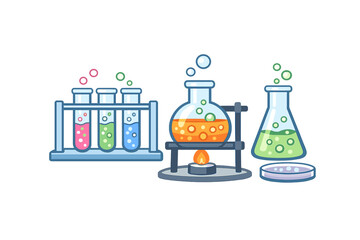 Obraz premium A colorful vector illustration of laboratory equipment including test tubes in a rack, a round-bottom flask over a burner, an Erlenmeyer flask, and a petri dish with bubbling liquids.