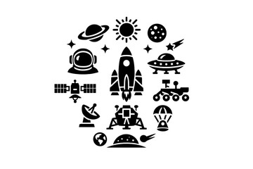 A collection of white space exploration icons on a black background, featuring a rocket, astronaut helmet, planets, stars, a rover, and a UFO in a minimalist flat design style. © Mark
