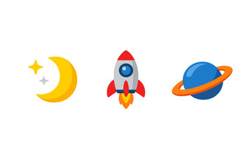 A set of three flat vector icons depicting a yellow crescent moon, a red rocket ship launching, and a blue planet with orange rings, all set against a solid black background. © Mark