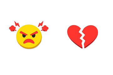 This 3D illustration features a yellow angry face emoji with red steam and a broken red heart on a black background. It symbolizes the emotional pain of a breakup and frustration.