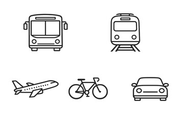 A collection of five minimalist line icons representing various modes of transportation including a bus, train, airplane, bicycle, and car, set against a dark background with dotted lines.