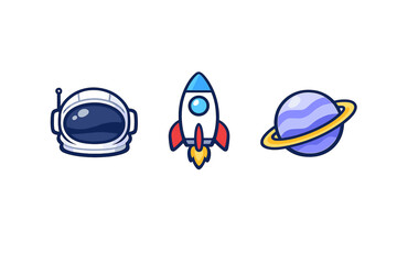 A set of three space-themed cartoon icons featuring a white astronaut helmet, a black rocket ship with red fins, and a purple ringed planet, all isolated on a solid black background. © Alan