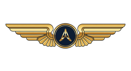 Prestigious golden aviator wings badge with a prominent 'A' insignia, ideal for corporate branding, achievement awards, or luxurious travel industry logos © john
