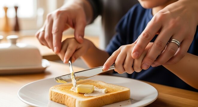 A person spreading butter on a slice of bread on a white plate with another person assisting