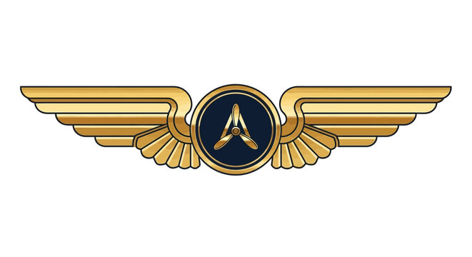 Prestigious golden aviator wings badge with a prominent 'A' insignia, ideal for corporate branding, achievement awards, or luxurious travel industry logos
