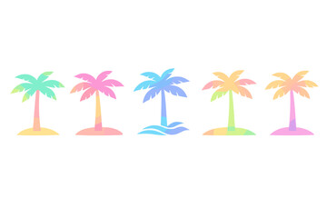 Five colorful palm tree silhouettes with pastel gradients are arranged in a row against a solid black background. Each tree stands on a small island or stylized wave element. © Alan