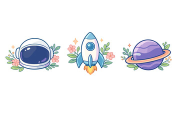 Three cute space-themed illustrations featuring an astronaut helmet, a rocket ship, and a ringed planet, all decorated with delicate pink flowers and green leaves on a black background. © Alan