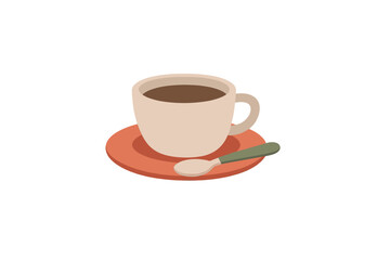 Obraz premium A minimalist flat illustration of a beige coffee cup filled with dark liquid, resting on an orange saucer with a small spoon, isolated against a solid black background.
