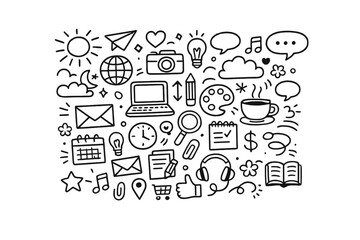 A collection of white hand-drawn doodles on a black background featuring various icons like a laptop, camera, lightbulb, coffee cup, and social media symbols in a sketch style.
