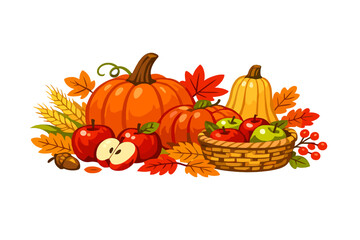 A vibrant autumn harvest illustration featuring pumpkins, red and green apples, a wicker basket, colorful fall leaves, wheat stalks, and an acorn against a solid black background. © Alan