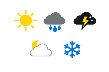 A collection of five weather icons including a yellow sun, a grey rain cloud, a black storm cloud with lightning, a white cloud with a crescent moon, and a blue snowflake on a black background.