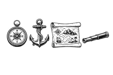 A collection of four vintage nautical illustrations including a compass, an anchor with rope, a treasure map, and a telescope, all rendered in a black and white woodcut style.