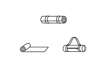 A set of three minimalist line art icons depicting yoga mats in different states: rolled up with straps, partially unrolled, and stored inside a carrying bag with a handle.