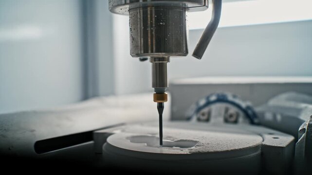 Close up. Professional CNC dental milling machine carving out shape of artificial teeth in the dental lab. One of the steps in making of artificial teeth by dental technician in the clinic.