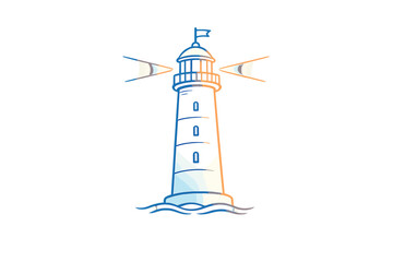 This graphic illustration features a lighthouse emitting beams of light from its lantern room, standing above stylized waves with a blue and orange gradient on a black background.