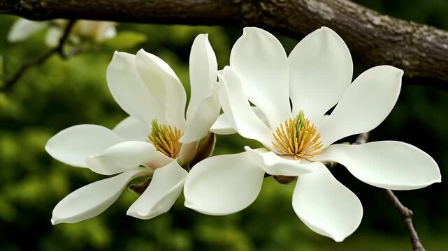 Close-Up of White Magnolia Flowers - This video captures an exquisite close-up of two white magnolia flowers in full bloom, showcasing their delicate petals and vibrant yellow stamens.