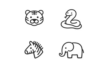 Obraz premium A collection of four minimalist line art icons featuring a tiger head, a coiled snake, a zebra head, and a full-body elephant, all presented in a simple black and white graphic style.