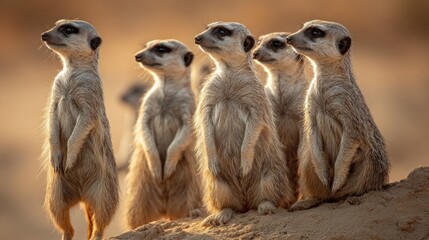 Group of meerkats standing alert in a desert environment