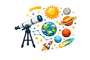 A colorful cartoon illustration featuring a telescope, Earth, Sun, planets, a rocket, and stars against a black background. It depicts various celestial bodies and space exploration tools. © Alan