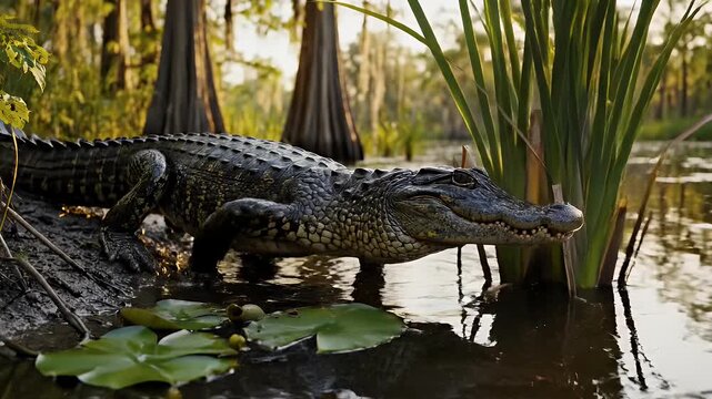 Alligator Emerging from Swamp - A large alligator is shown walking out of the water and onto land in a swampy environment.