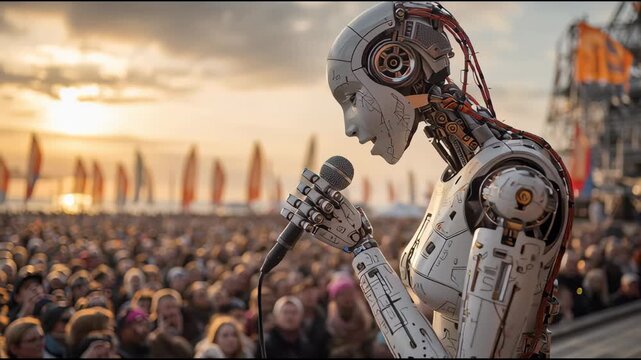 Advanced AI robot performs on stage to festival crowd, android sings at sunset, symbolizing innovation and entertainment, music concert in future