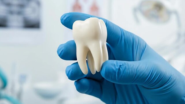 dentist hand in blue glove holding large white tooth model. stomatology clinic interior with x-ray background. oral hygiene, implant and dental care concept.