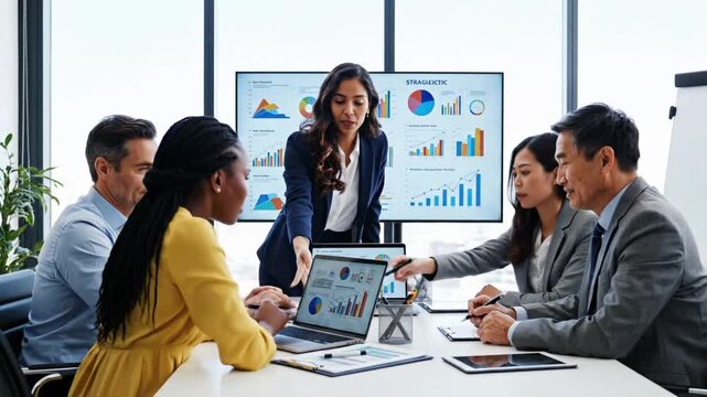 Business meeting focused on strategy presentation in a modern office setting with charts and graphs on screen