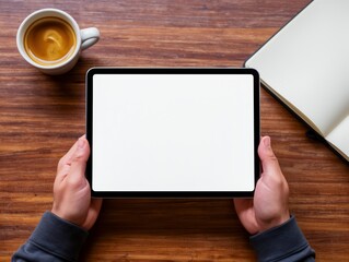 Top view of hands holding digital tablet with blank white screen over wooden desk with espresso coffee and open notebook, workspace mockup
