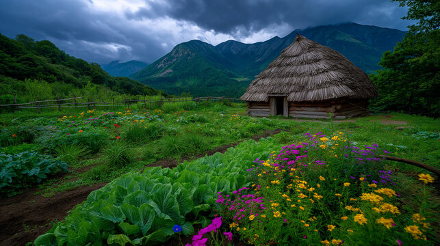 AI generator images of  lifestyle of Asian hill tribes consists of villages practicing agriculture in highlands and serving as cultural tourism destinations, showcasing a simple and self-sufficient 
