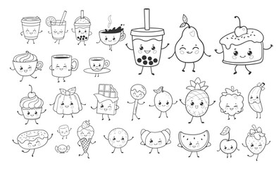 Vector illustration of cute food and drinks with smiling faces. Isolated object collection in line art.