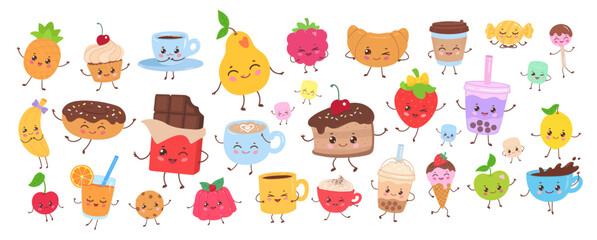 Vector illustration of cute food, fruits, desserts and drinks with smiling faces. Flat isolated object collection.