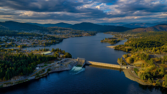 AI generator images of The dam, a large hydroelectric power project, is situated amidst mountains and offers stunning scenery.