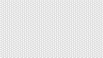 Dense pattern of black hexagonal outlines on white, creating a structured and modern geometric...