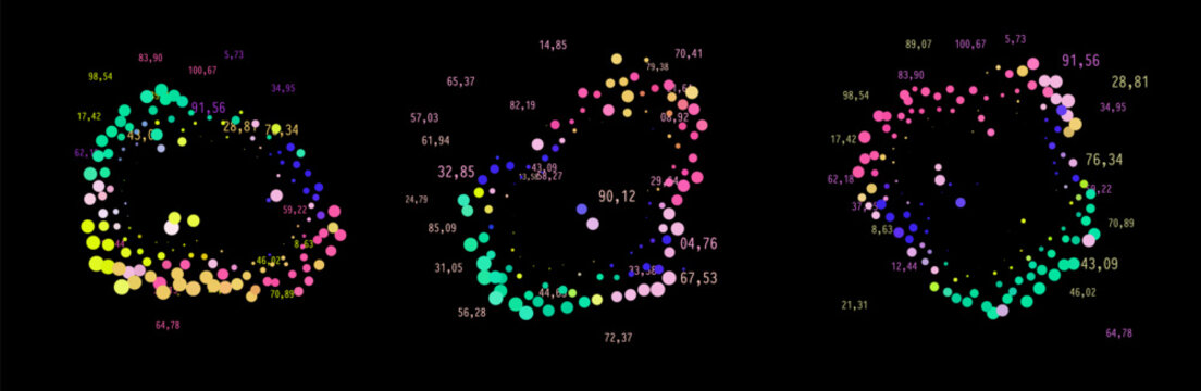 Vibrant vector illustration of colorful dots with numbers in circular and heart formations. Conceptual art for data visualization and statistics themes.