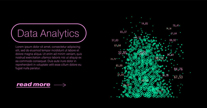 Vibrant neon vector illustration of data analytics visualization featuring a dense cluster of glowing green particle dots with numerical coordinates scattered on black background.