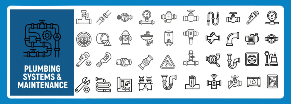 40 Plumbing Line Icons Vector Set &ndash; Home Repair,  Pipe, Wrench, Faucet, Valve, Water, Drain, Bathroom,  Construction Service Tool Outline Icon Pack for UI  Web App, Editable Stroke 