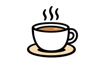 Fototapeta premium A minimalist illustration of a white coffee cup filled with hot brown liquid, sitting on a tan saucer with steam rising above it, set against a solid black background.