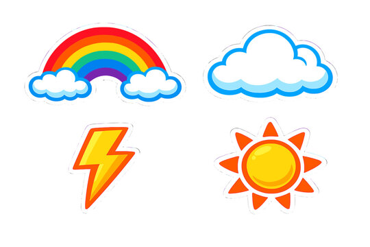 A collection of four weather-themed stickers featuring a colorful rainbow with clouds, a single white cloud, a yellow lightning bolt, and a bright sun with orange rays on a black background.