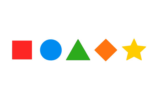 A horizontal row of five colorful geometric shapes including a red square, blue circle, green triangle, orange diamond, and yellow star, all set against a solid black background.